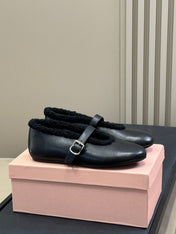 ALAIA 25S MARY JANE SHEARLING FLATS IN BLACK CALFSKIN