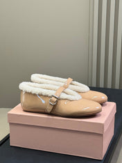 ALAIA 25S MARY JANE SHEARLING FLATS IN DARK NUDE GLOSSY CALFSKIN