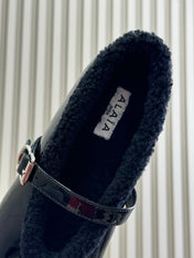 ALAIA 25S MARY JANE SHEARLING FLATS IN BLACK GLOSSY CALFSKIN