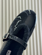 ALAIA 25S MARY JANE SHEARLING FLATS IN BLACK GLOSSY CALFSKIN