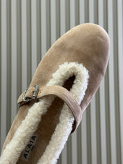 ALAIA 25S MARY JANE SHEARLING FLATS IN LIGHT BROWN SUEDE