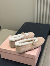 ALAIA 25S MARY JANE SHEARLING FLATS IN LIGHT BROWN SUEDE