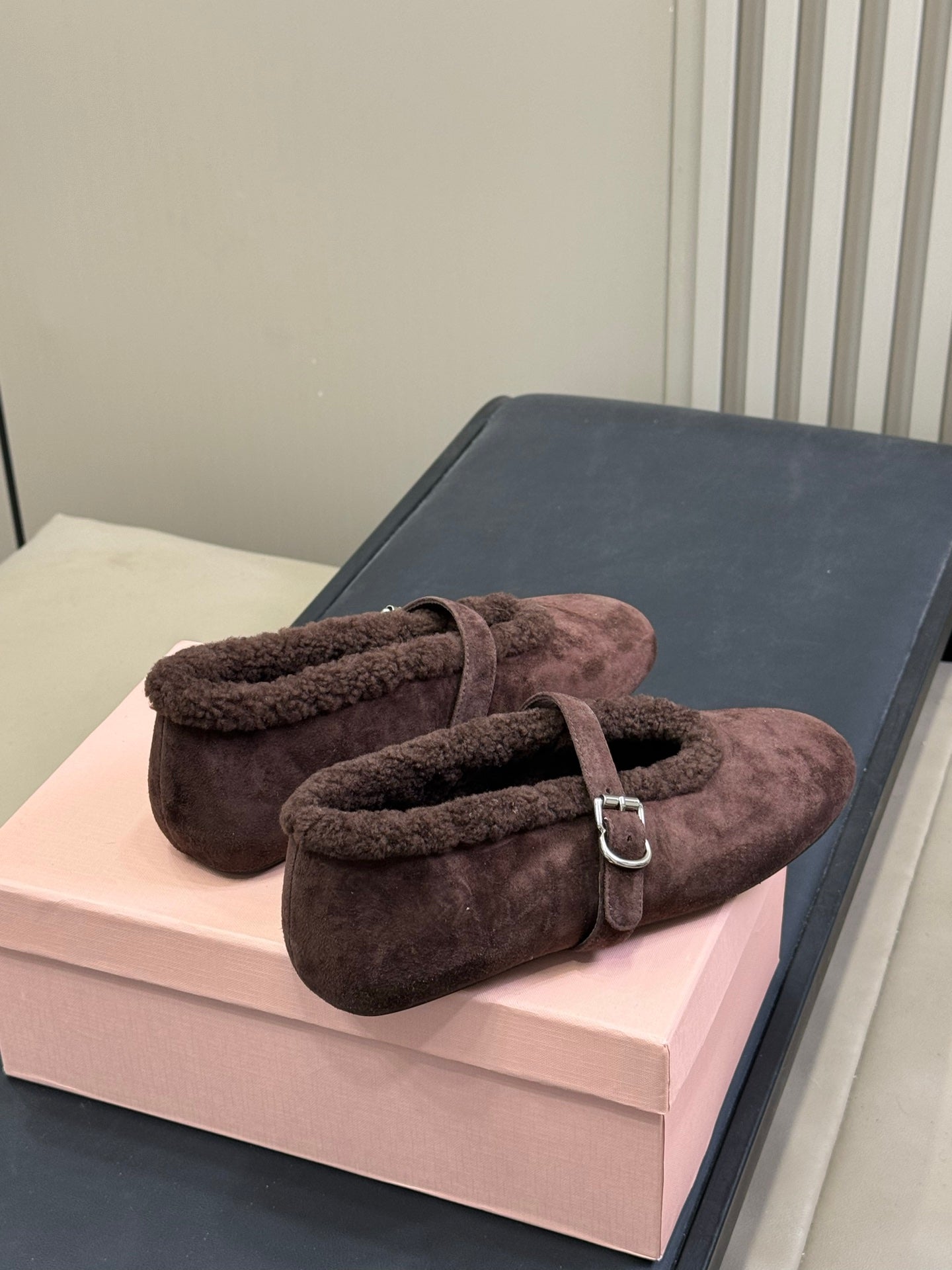 ALAIA 25S MARY JANE SHEARLING FLATS IN DARK BROWN SUEDE