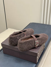 ALAIA 25S COZY MARY JANE SHEARLING FLATS IN DARK BROWN