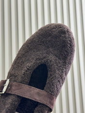 ALAIA 25S COZY MARY JANE SHEARLING FLATS IN DARK BROWN