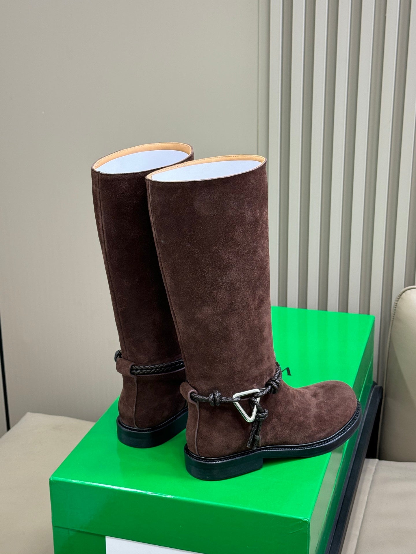 BOTTEGA VENETA 26S TALL BOOTS IN DARK BROWN SUEDE