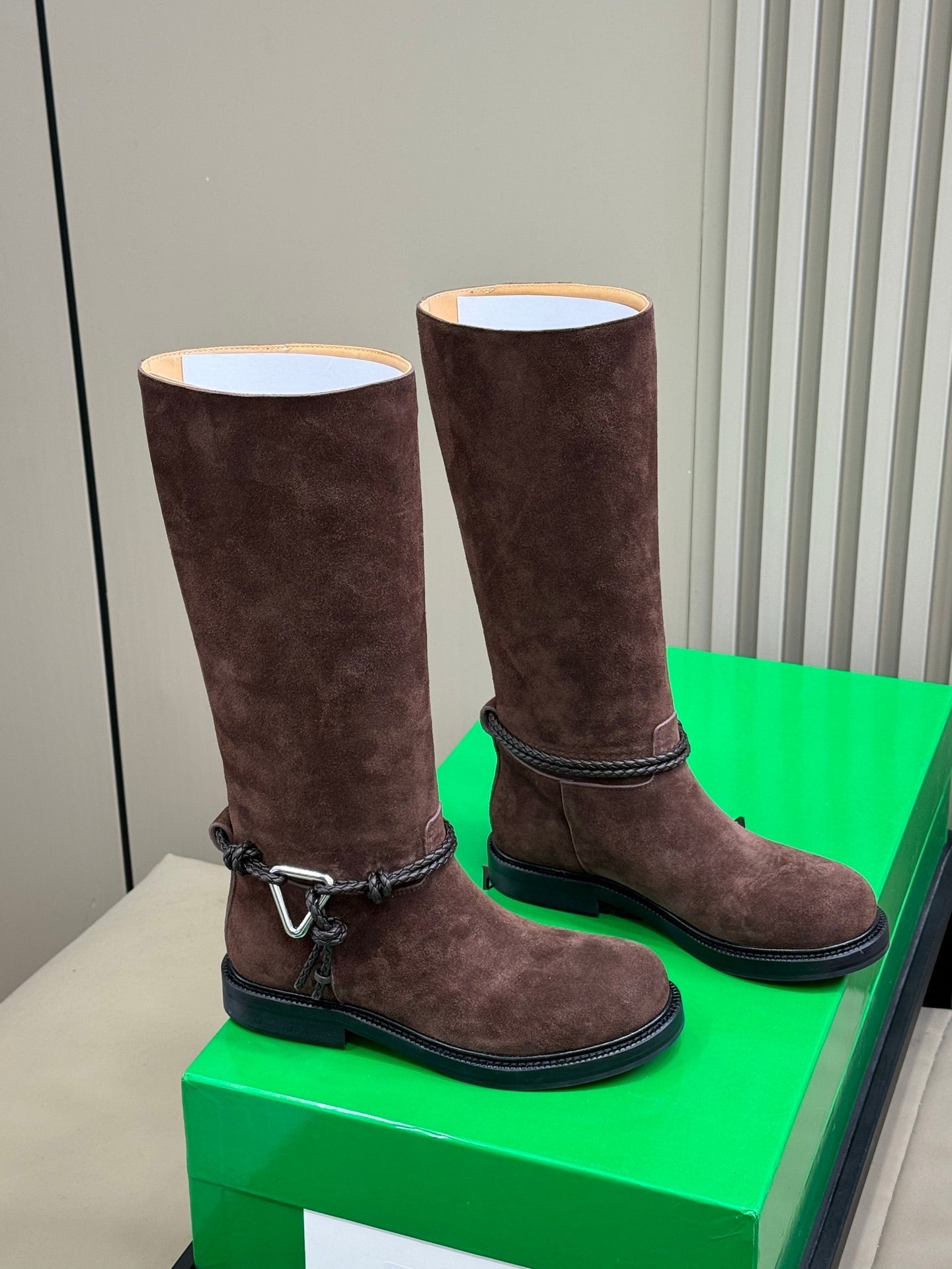 BOTTEGA VENETA 26S TALL BOOTS IN DARK BROWN SUEDE