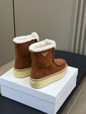 PRADA 25S PLATFORM ANKLE BOOTS 40 MM IN DARK BROWN SUEDE SHEARLING-LINED