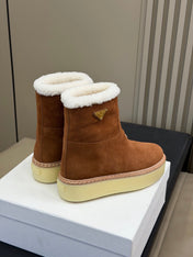 PRADA 25S ANKLE BOOTS 40 MM IN DARK BROWN SUEDE SHEARLING-LINED