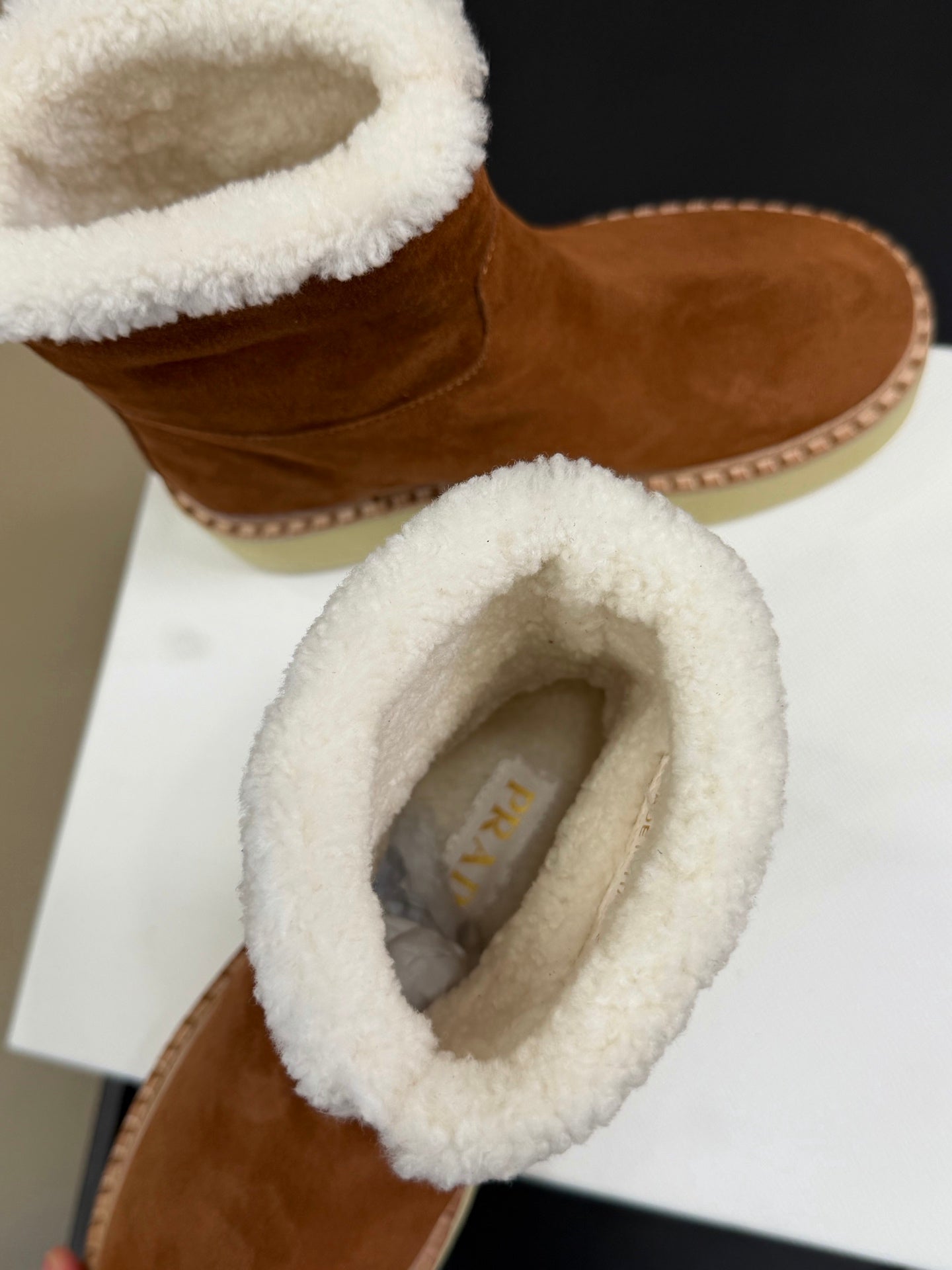 PRADA 25S ANKLE BOOTS 40 MM IN DARK BROWN SUEDE SHEARLING-LINED