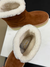 PRADA 25S ANKLE BOOTS 40 MM IN DARK BROWN SUEDE SHEARLING-LINED