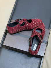 ALAIA 26S CROSS-STRAP FLATS IN DARK RED SUEDE WITH SILVER HARDWARE