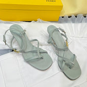 FENDI FFOLD MEDIUM-HEELED 55 MM SANDALS IN ASH GREY LAMBSKIN WITH GOLD HARDWARE