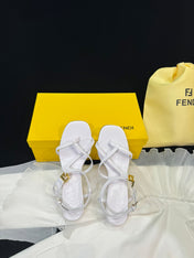 FENDI FFOLD MEDIUM-HEELED 55 MM SANDALS IN WHITE LAMBSKIN WITH GOLD HARDWARE