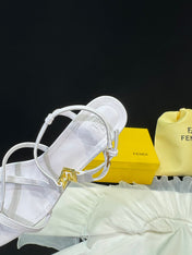 FENDI FFOLD MEDIUM-HEELED 55 MM SANDALS IN WHITE LAMBSKIN WITH GOLD HARDWARE