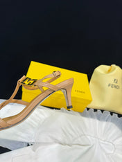 FENDI FFOLD MEDIUM-HEELED 55 MM SANDALS IN BRONZE BROWN LAMBSKIN WITH GOLD HARDWARE