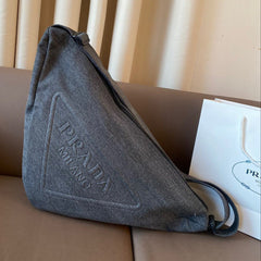 TRIANGLE 55 SHOULDER BAG IN GREY RE-NYLON EMBOSSED LOGO