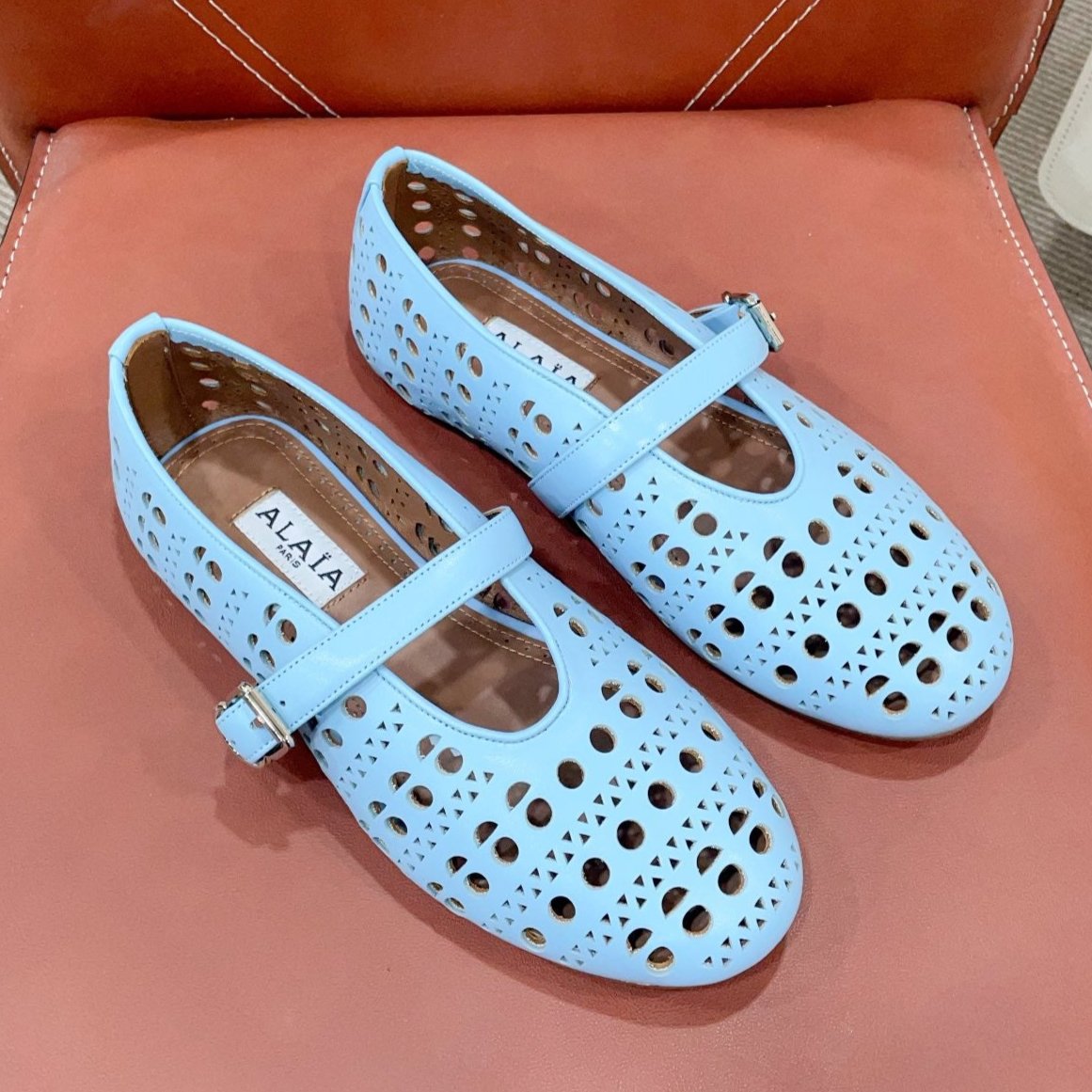 ALAIA HOLLOW BALLET FLAT IN SKY BLUE LAMBSKIN