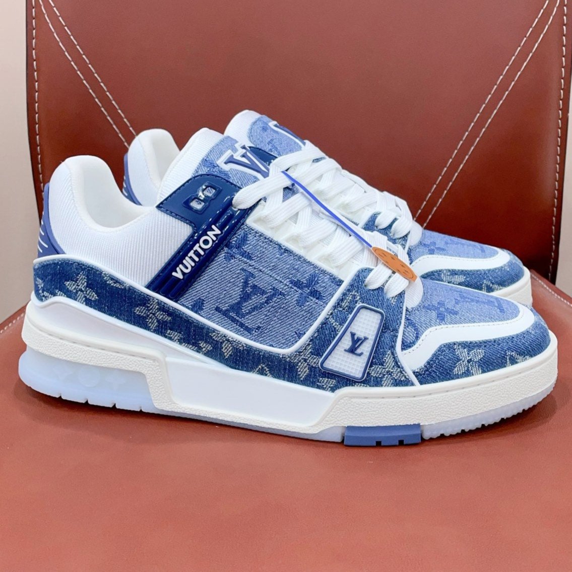 LV TRAINER SNEAKER IN CERULEAN BLUE MONOGRAM DENIM