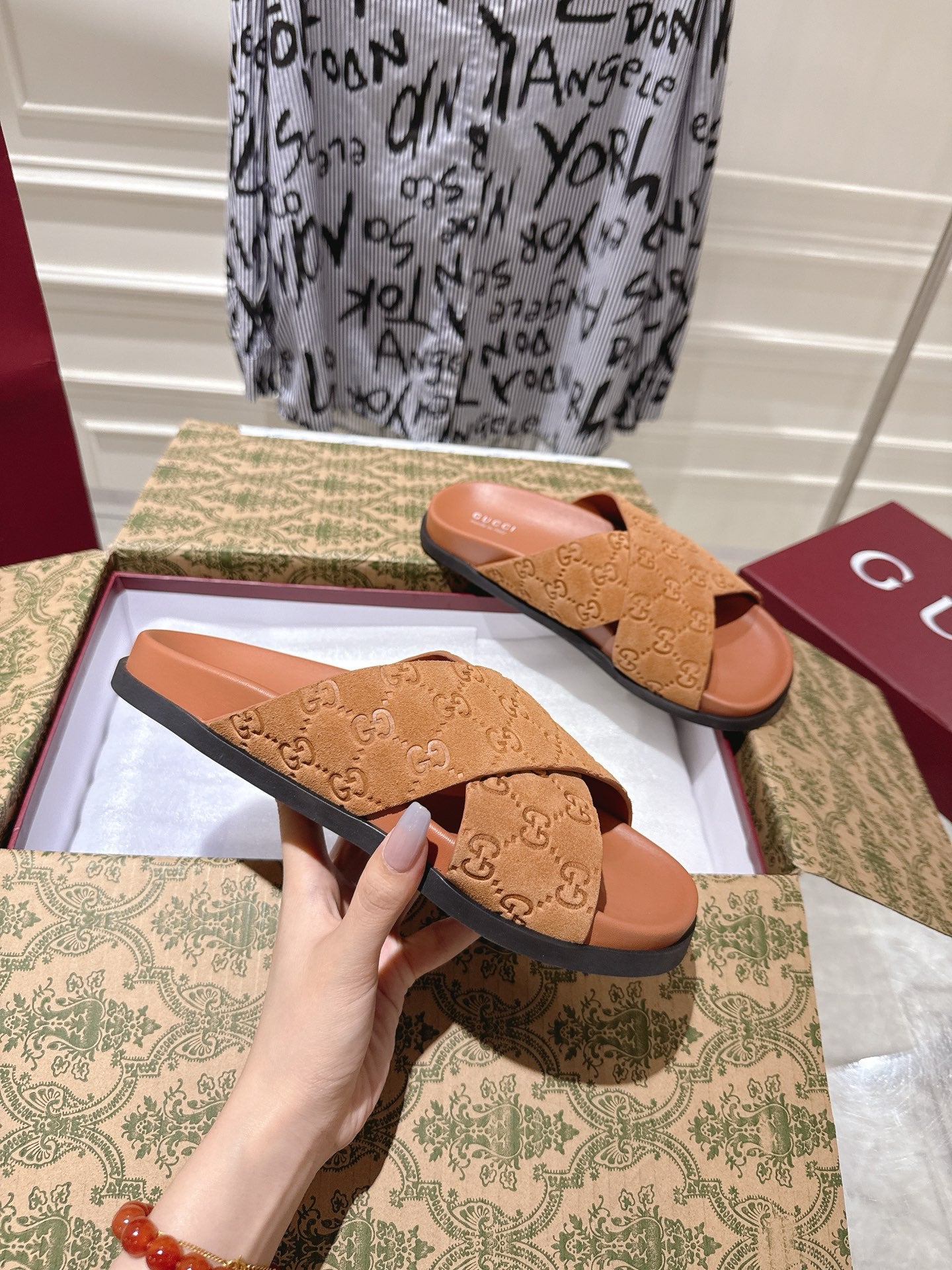 GG SLIDES IN BURNT ORANGE SUEDE WITH EMBOSSED LOGO STYLE 11