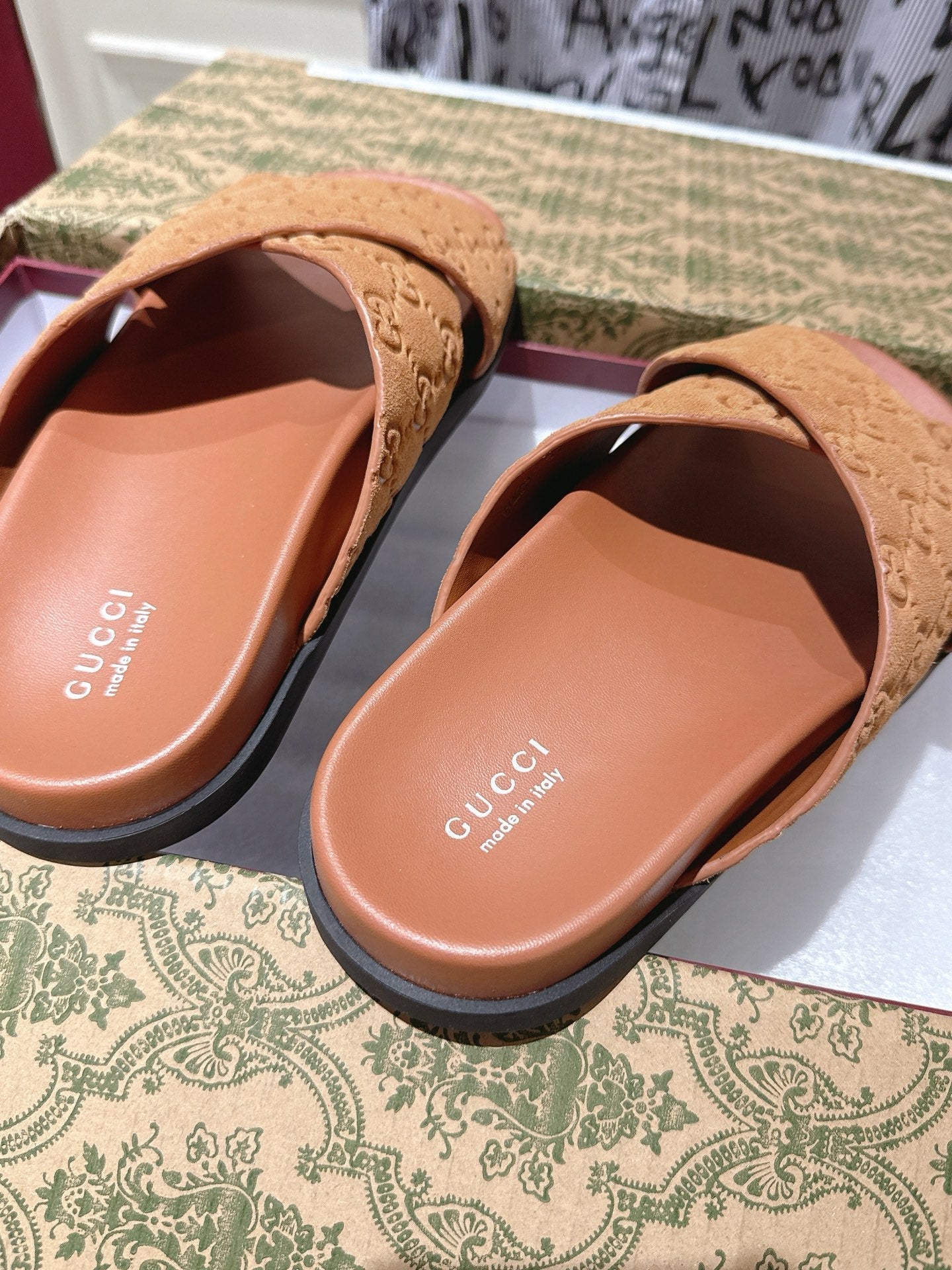 GG SLIDES IN BURNT ORANGE SUEDE WITH EMBOSSED LOGO STYLE 11