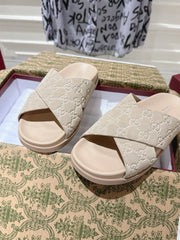 GG SLIDES IN NUDE BEIGE SUEDE WITH EMBOSSED LOGO STYLE 7