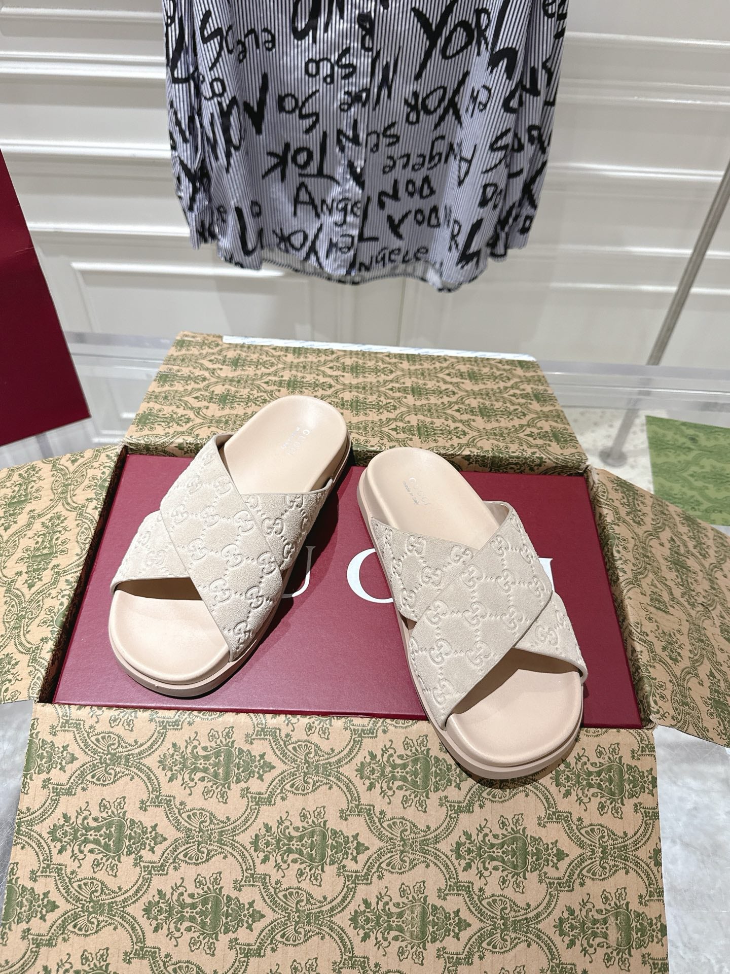 GG SLIDES IN NUDE BEIGE SUEDE WITH EMBOSSED LOGO STYLE 7