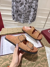 SANDALS IN BURNT ORANGE SUEDE EMBOSSED LOGO SILVER HARDWARE