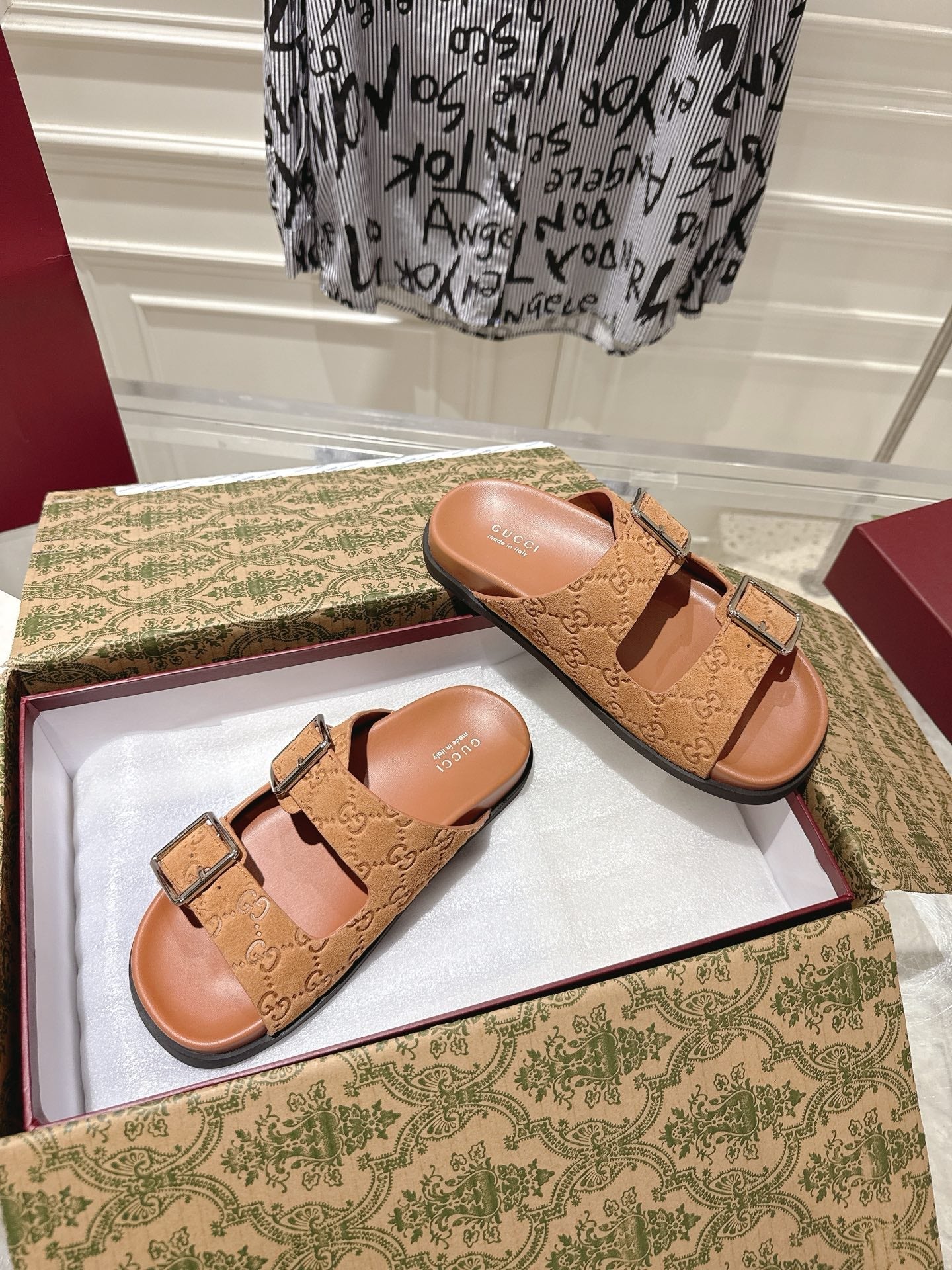 SANDALS IN BURNT ORANGE SUEDE EMBOSSED LOGO SILVER HARDWARE