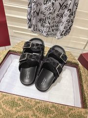 SANDALS IN BLACK SUEDE EMBOSSED LOGO SILVER HARDWARE