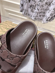 SANDALS IN NAVY BROWN SUEDE EMBOSSED LOGO SILVER HARDWARE