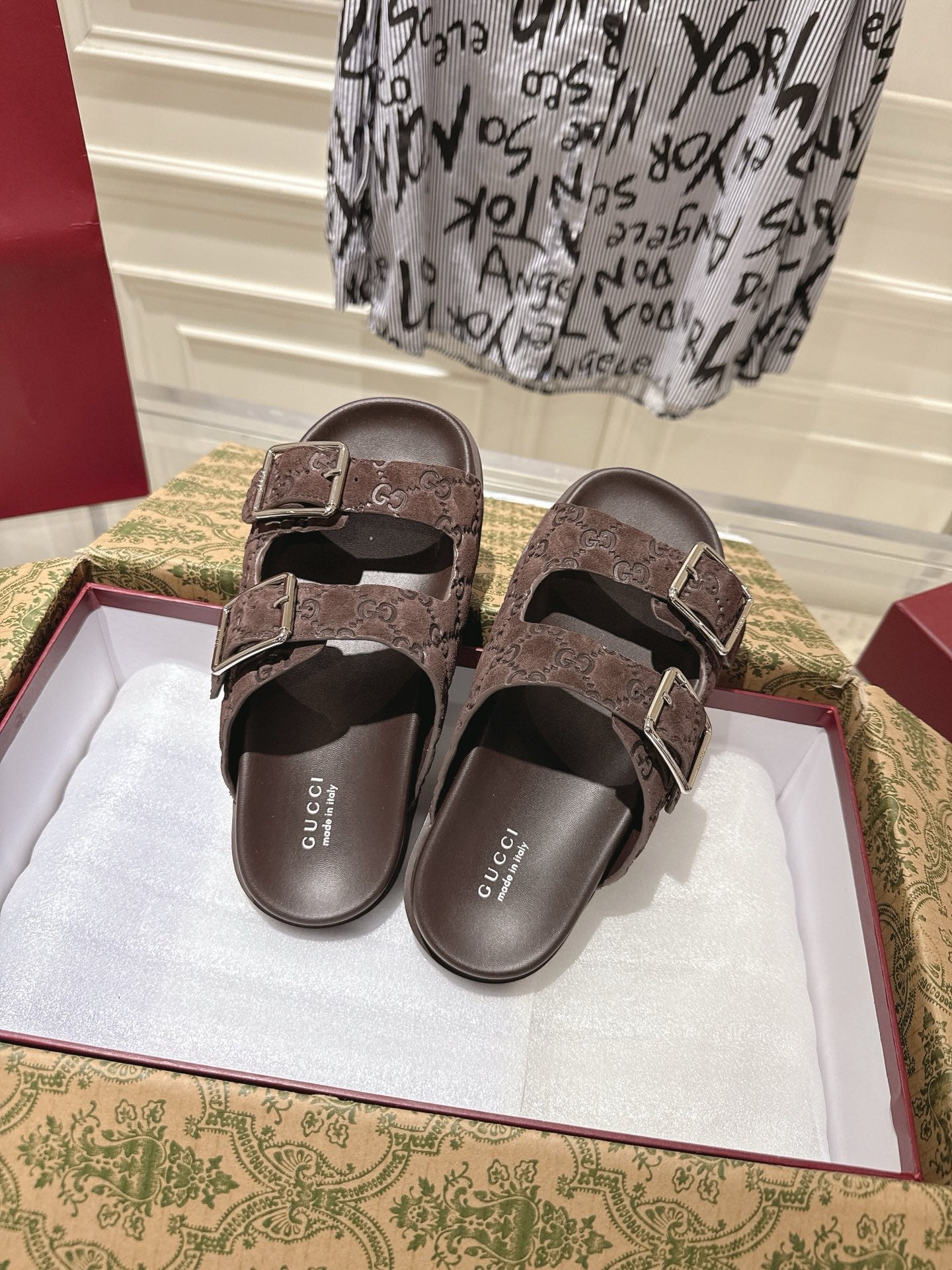 SANDALS IN NAVY BROWN SUEDE EMBOSSED LOGO SILVER HARDWARE