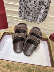 SANDALS IN NAVY BROWN SUEDE EMBOSSED LOGO SILVER HARDWARE