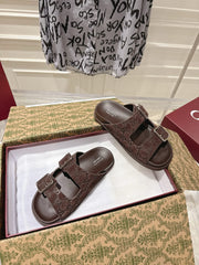 SANDALS IN NAVY BROWN SUEDE EMBOSSED LOGO SILVER HARDWARE