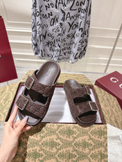 SANDALS IN NAVY BROWN SUEDE EMBOSSED LOGO SILVER HARDWARE