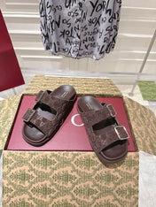 SANDALS IN NAVY BROWN SUEDE EMBOSSED LOGO SILVER HARDWARE