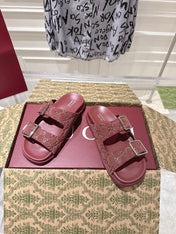 SANDALS IN NAVY RED SUEDE EMBOSSED LOGO SILVER HARDWARE