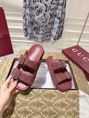 SANDALS IN NAVY RED SUEDE EMBOSSED LOGO SILVER HARDWARE