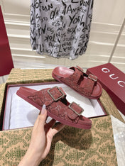 SANDALS IN NAVY RED SUEDE EMBOSSED LOGO SILVER HARDWARE