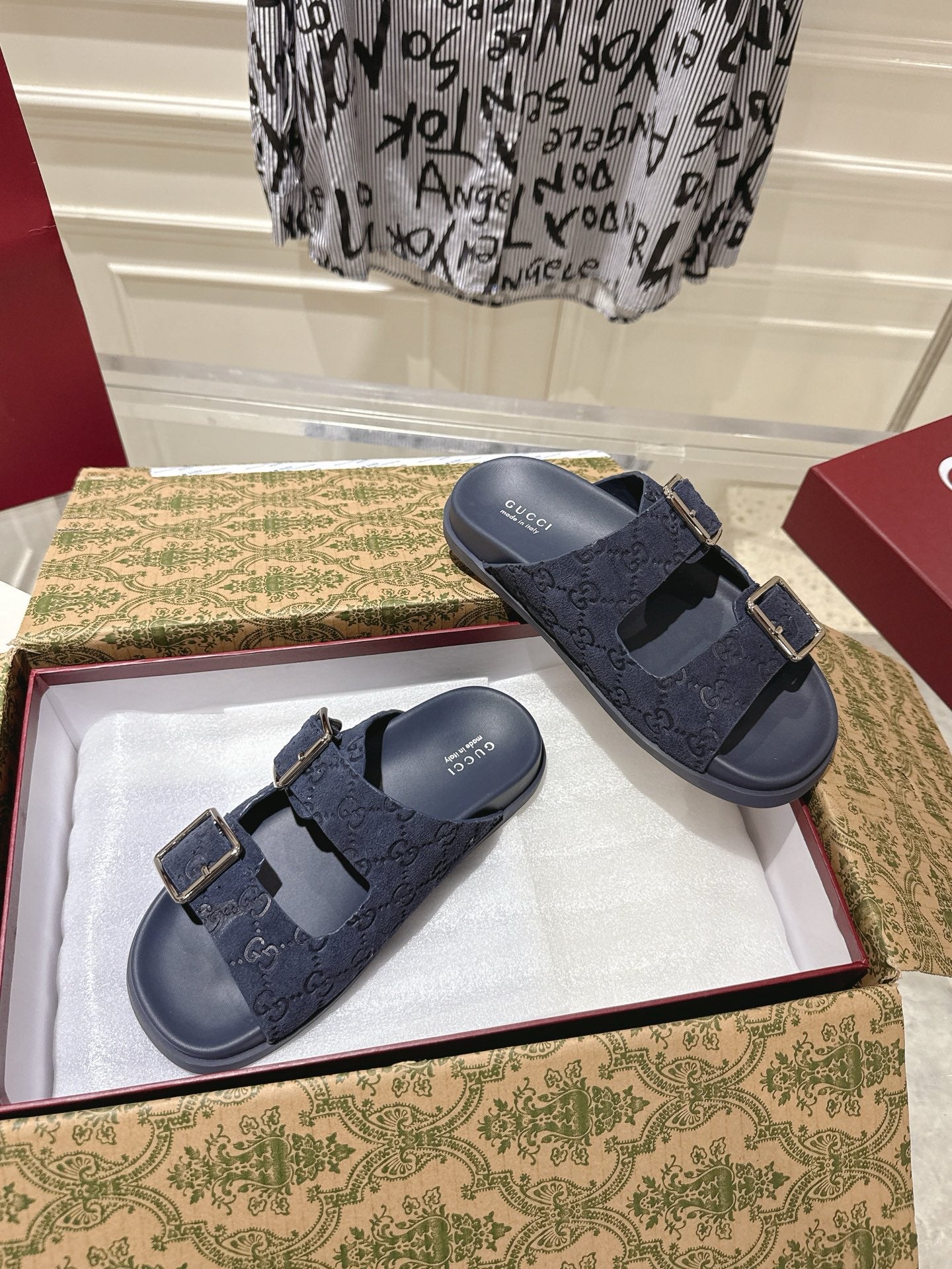 SANDALS IN NAVY BLUE SUEDE EMBOSSED LOGO SILVER HARDWARE