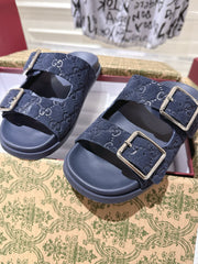 SANDALS IN NAVY BLUE SUEDE EMBOSSED LOGO SILVER HARDWARE