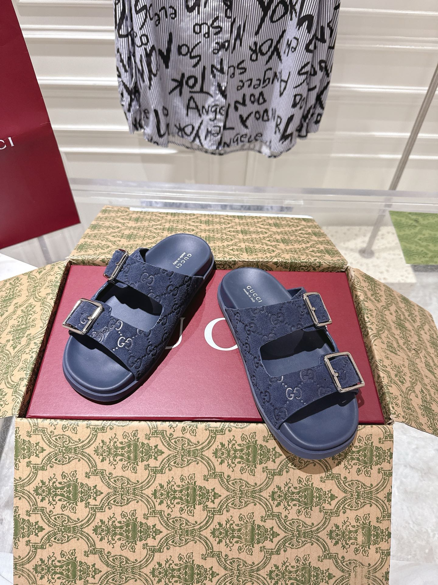SANDALS IN NAVY BLUE SUEDE EMBOSSED LOGO SILVER HARDWARE