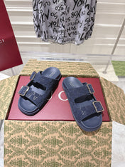 SANDALS IN NAVY BLUE SUEDE EMBOSSED LOGO SILVER HARDWARE