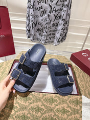 SANDALS IN NAVY BLUE SUEDE EMBOSSED LOGO SILVER HARDWARE