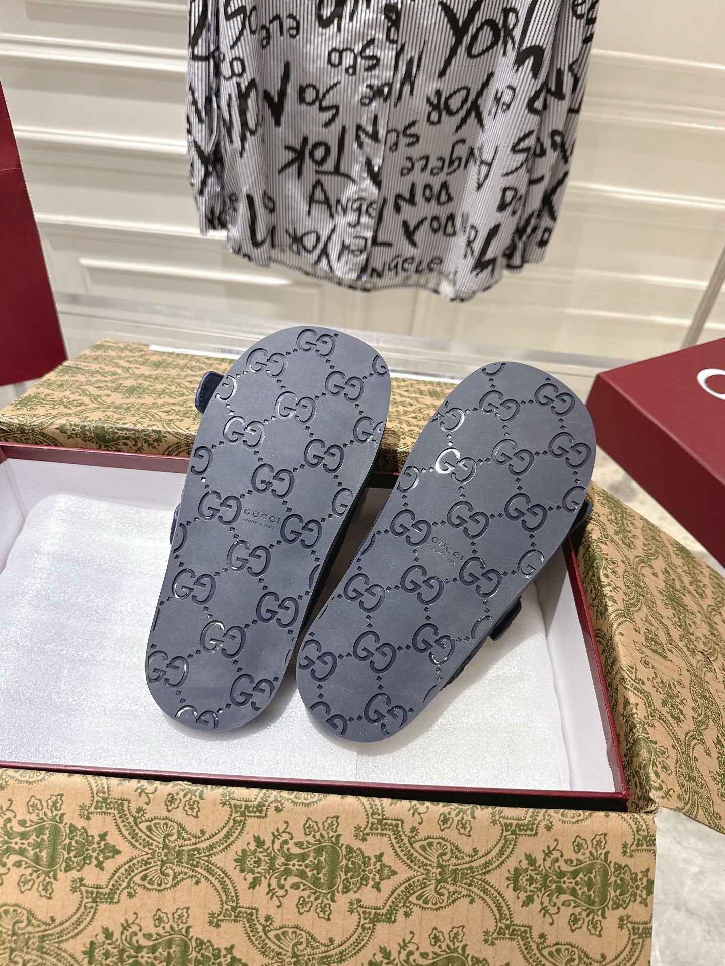 SANDALS IN NAVY BLUE SUEDE EMBOSSED LOGO SILVER HARDWARE