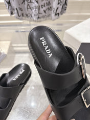 PRADA 26S SLIDES SANDALS IN BLACK CALFSKIN SILVER HARDWARE