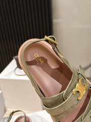 CELINE 25S TIPPI TRIOMPHE SANDAL IN DARK OLIVE CALFSKIN SUEDE