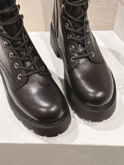 CELINE 25S HIGH HEELED LACE UP BOOTS 50MM IN BLACK CALFSKIN