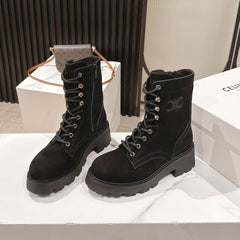 CELINE 25S HIGH HEELED LACE UP BOOTS 50MM IN BLACK SUEDE