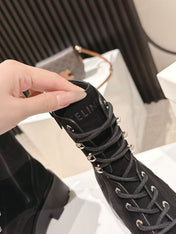 CELINE 25S HIGH HEELED LACE UP BOOTS 50MM IN BLACK SUEDE